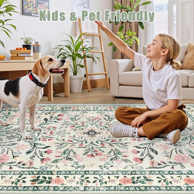 Area Rug Living Room Rugs: Floral 5x7 Washable Rug Vintage Soft Boho Non-Slip - Image 8
