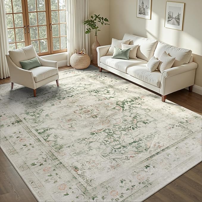 DCX 8x10 Green Rug, Machine Washable Stain Resistant Distressed Vintage Rug by DCXWashableRug