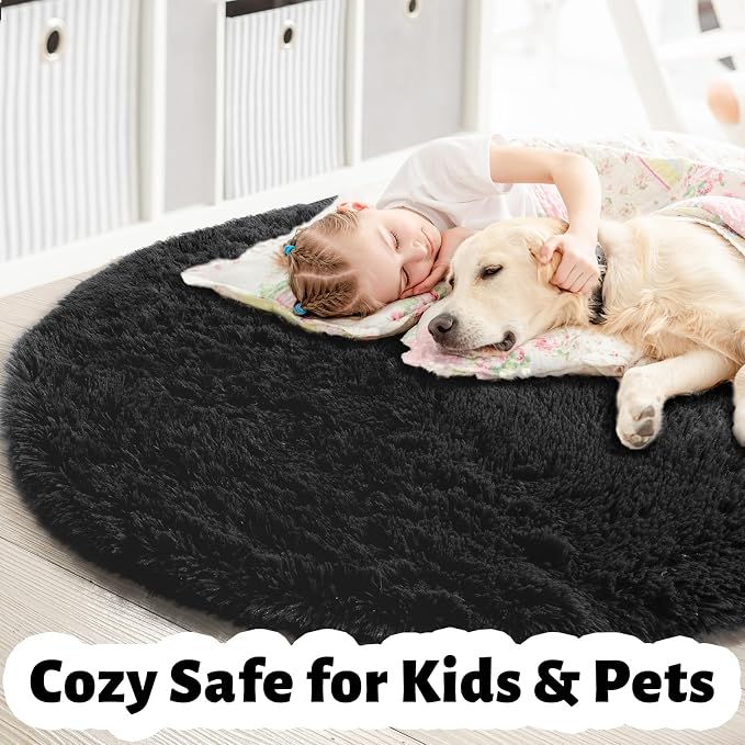 Black Round Rug 6Ft for Bedroom Aesthetic, Fluffy Plush Circle Area Rugs for - Image 4