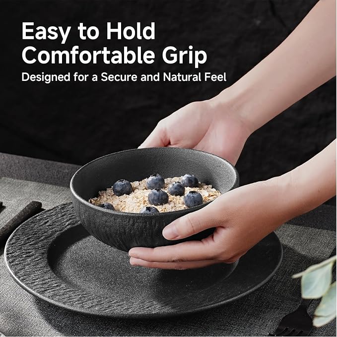 Bowl Set of 4, 20.4 oz Matte Marble Pattern Stoneware Soup Bowls | Black - Image 4