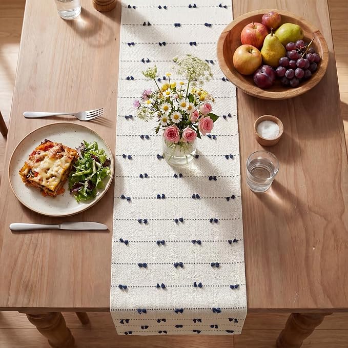 Artoid Mode Dark Blue Boho Farmhouse Cotton Woven Table Runner, Seasonal Summer - Image 4