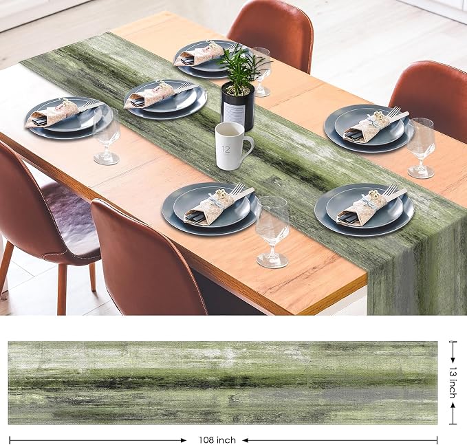 Emvency Table Runner, 13x108 Inch, Olive Green and Grey | Abstract Farmhouse - Image 2