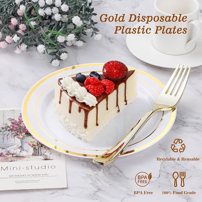BESTVIP 50Pcs Gold Plastic Plates, 10.25 Inch Disposable Party Plates | Heavy - Image 2