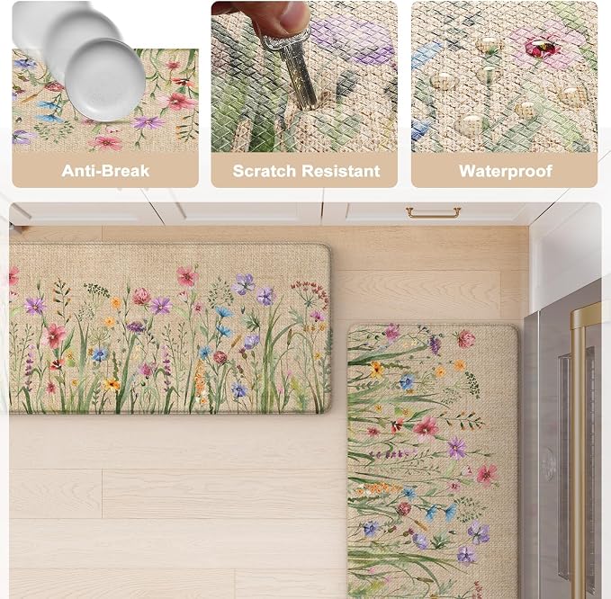 KIMODE Kitchen Anti Fatigue Mats, Farmhouse Flower Kitchen Rugs Sets of 2 - Image 6