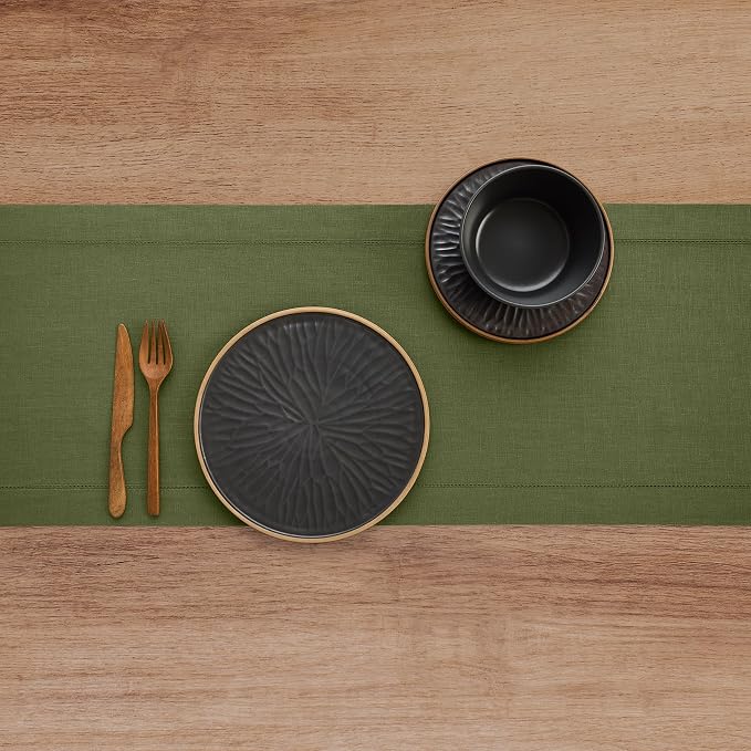 Solino Home 100% Linen Table Runner Olive, Classic Hemstitch 14 x 156 in | - Image 3