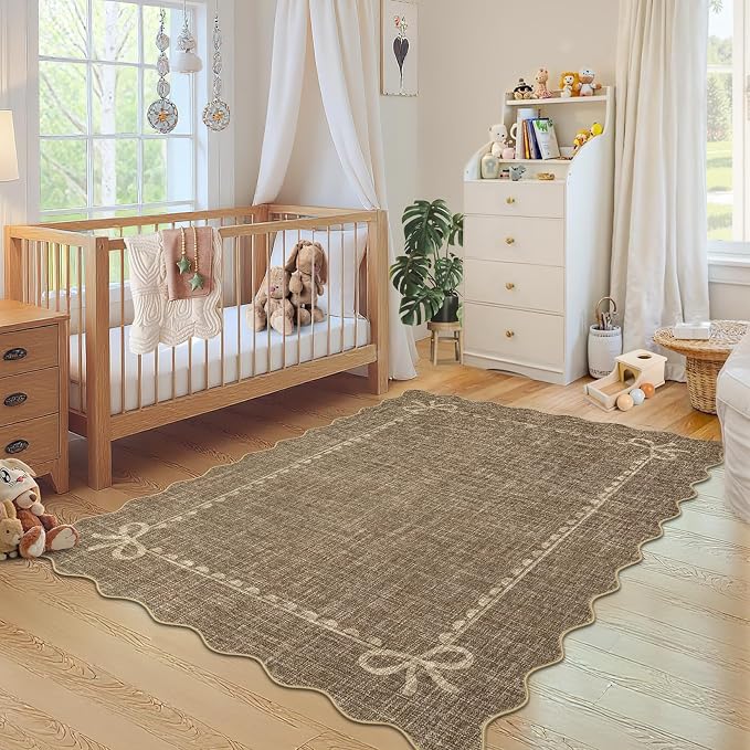 GarveeHome Scalloped Bow Rug for Living Room, Solid Brown Rug for Dorm - Image 3