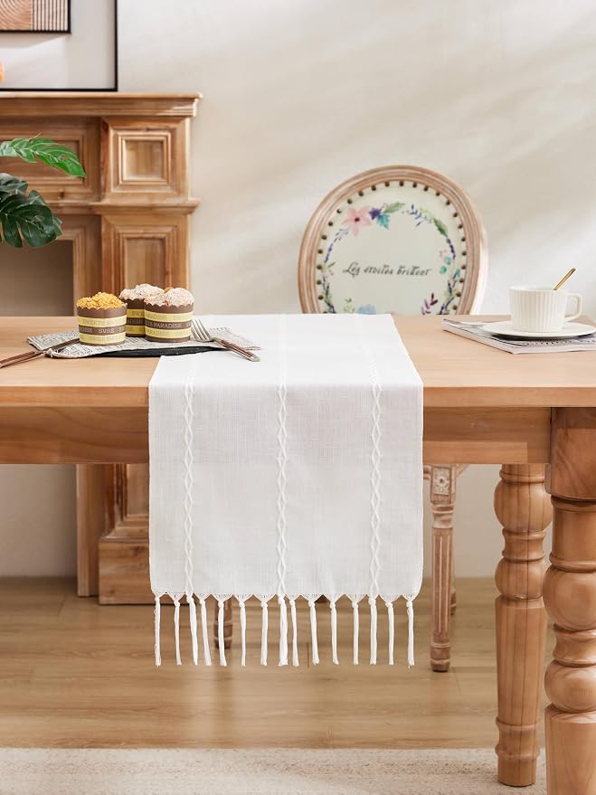 Braided Farmhouse Table Runner, Braided White 13x108 Inch, Cotton Linen Table - Image 2
