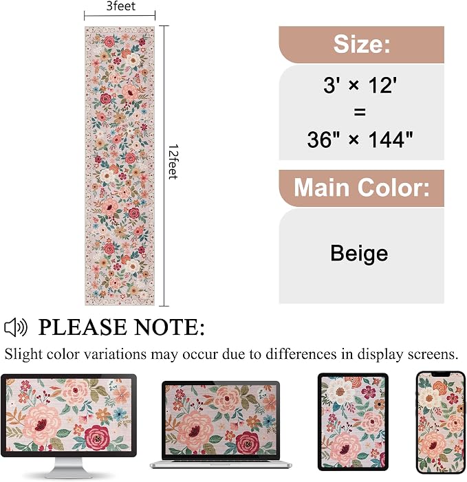 DUKINO 3x12 Washable Runner Rug, Non Slip Soft Floral Hallway Runner Rug - Image 2