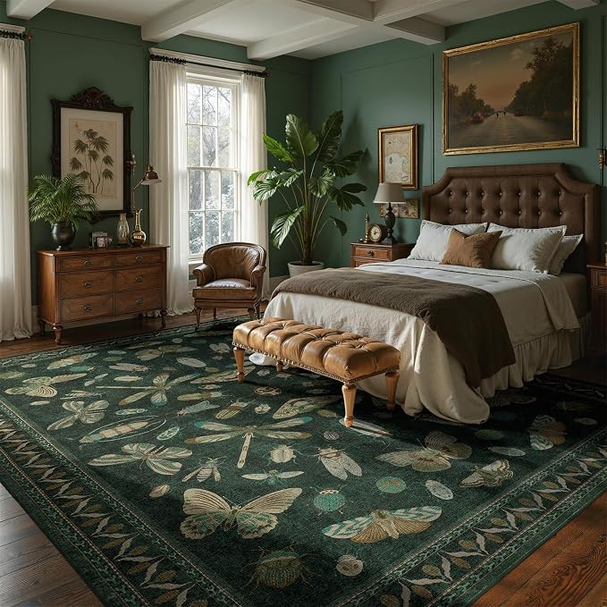DCX 8x10 Washable Insect Rug, Vintage Gothic Dark Green Rug - Image 2