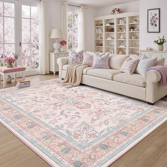 DCX 4x6 Pink Vintage Floral Rug, Machine Washable Non Slip Low Pile Carpet - Image 2