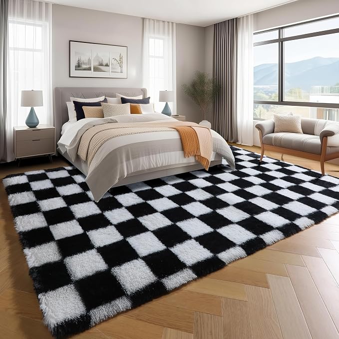 KICMOR 5x7 Rug for Living Room Bedroom, Fluffy Black and White Area Rug Fuzzy - Image 3