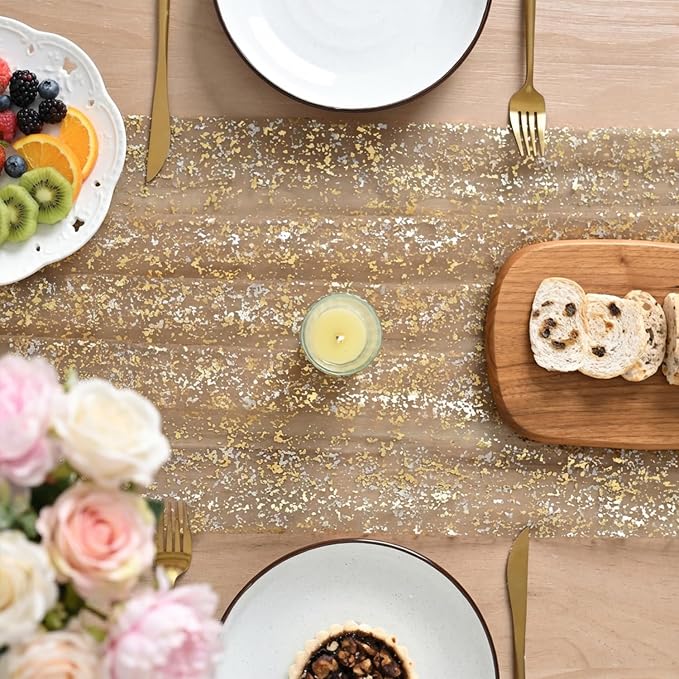 Artoid Mode 6PC Coffee Gold Gauze Table Runner 120 Inch 10FT, Glitter Metallic - Image 3