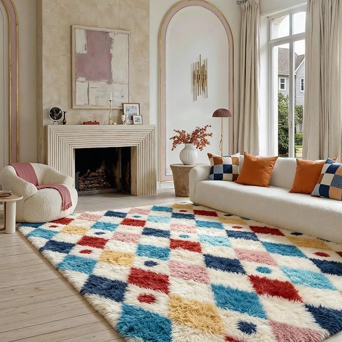 PureCozy Checkered Rug 8x10 Fluffy Shag Living Room Colorful Area Rug Modern - Image 2