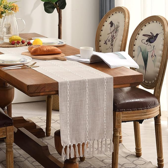 Wracra Rustic Linen Table Runner, Light Coffee Table Runners 108 inches Long - Image 7