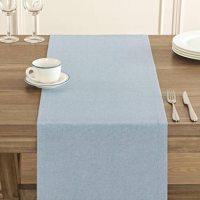 Basic Linen Style Table Runner, 14x108 Inch Chambray Blue | Mitered Corner - Image 5