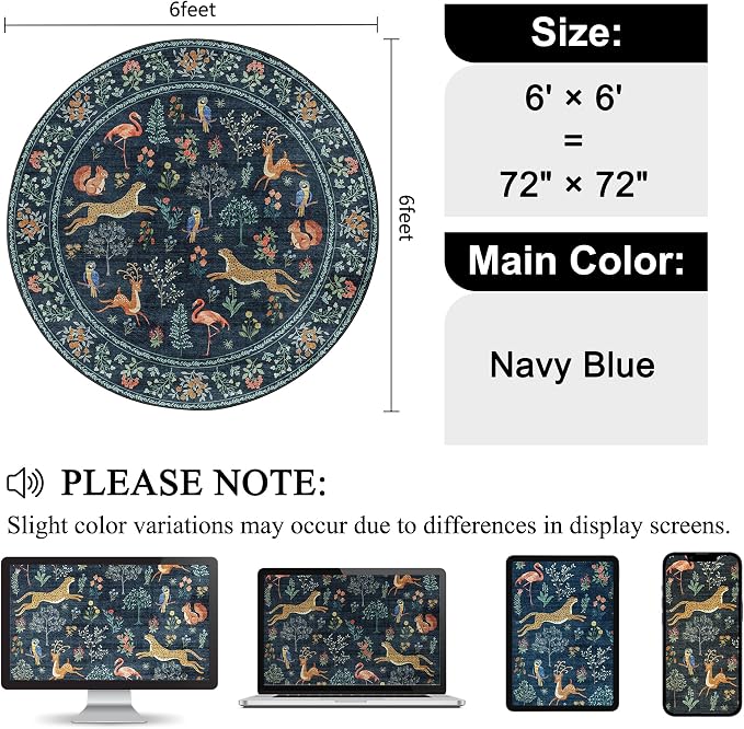 DUKINO 6ft Round Rug for Bedroom, Animal Print Washable Circle Rug - Image 2
