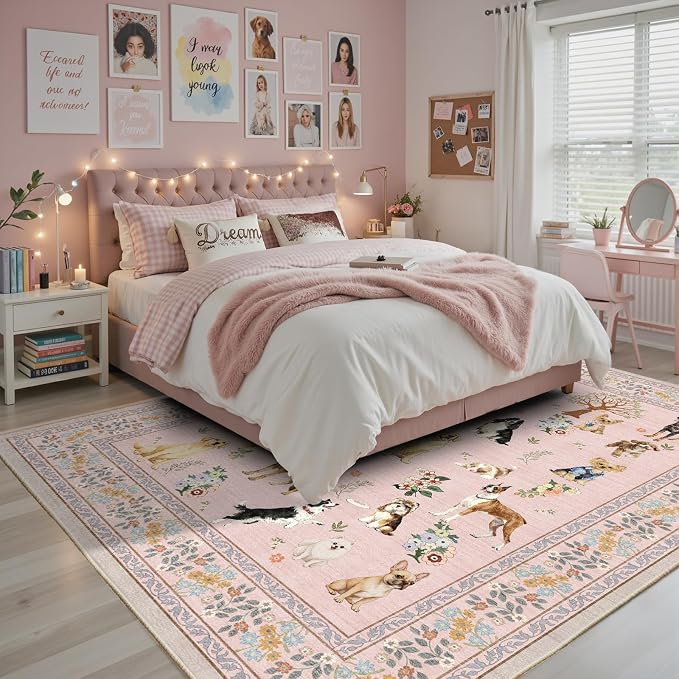Floral Washable 6x9 Dogs Area Rugs, Soft Pink Bedroom Rug - Image 2