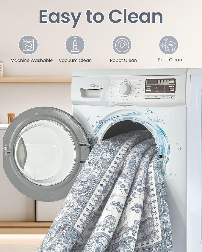 5x7 Vintage Area Rug: Washable Neutral Soft Non Slip Thin Large Floor Carpet - Image 4