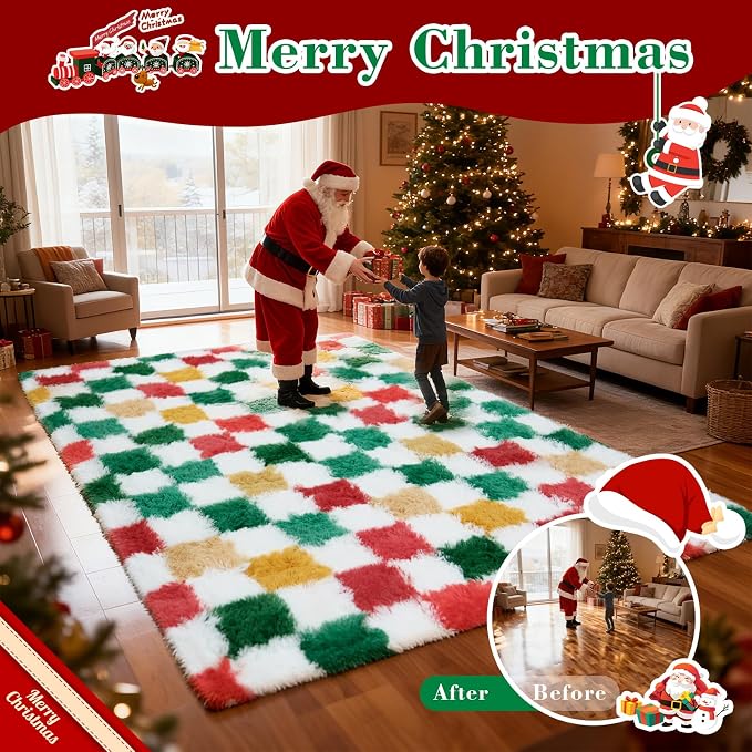 Checkered Area Rug 4x6 for Bedroom Living Room, Christmas Shag Rug Fuzzy Shaggy - Image 3