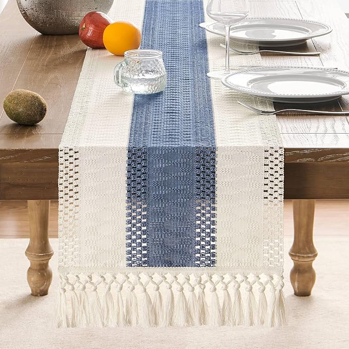 Macrame Style Bicolor Stitching Table Runner 14x72in Blue | Woven Boho Table - Image 2