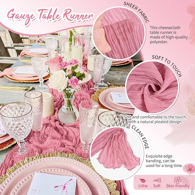 Showgeous 30 Pack Dusty Rose Cheesecloth Table Runner, 17 x 108 Inches | Boho - Image 3