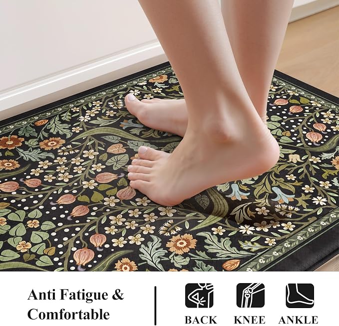 Collive Kitchen Mats for Floor, Cushioned Anti Fatigue Mat Black Floral Rugs - Image 3