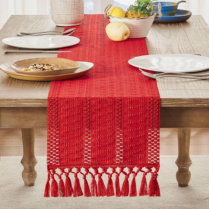 Macrame Style Boho Table Runner, 12x90 Inch Red | Woven Boho Table Runner - Image 2