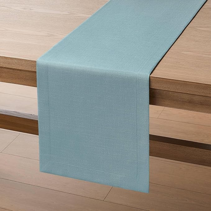 Linen Textured Border Table Runner, 14 x 108 Inch Blue | Mitered Corner Design - Image 7