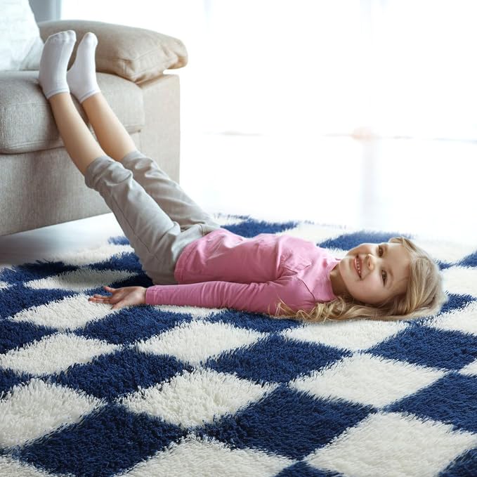 KICMOR Soft Fluffy Navy Blue and Cream White Area Rug - Image 7