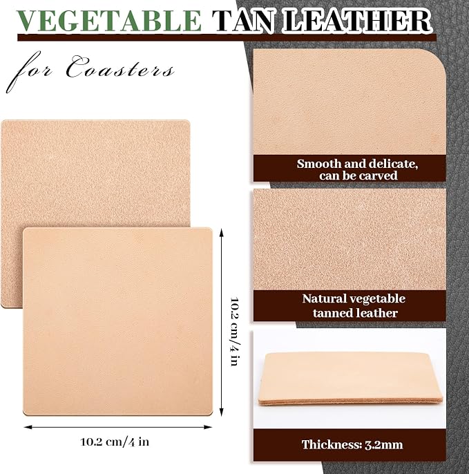 Bulyoou 50 Pcs Square Vegetable Tan Leather Coaster 4" Tooling | Veg Tan Leather - Image 2