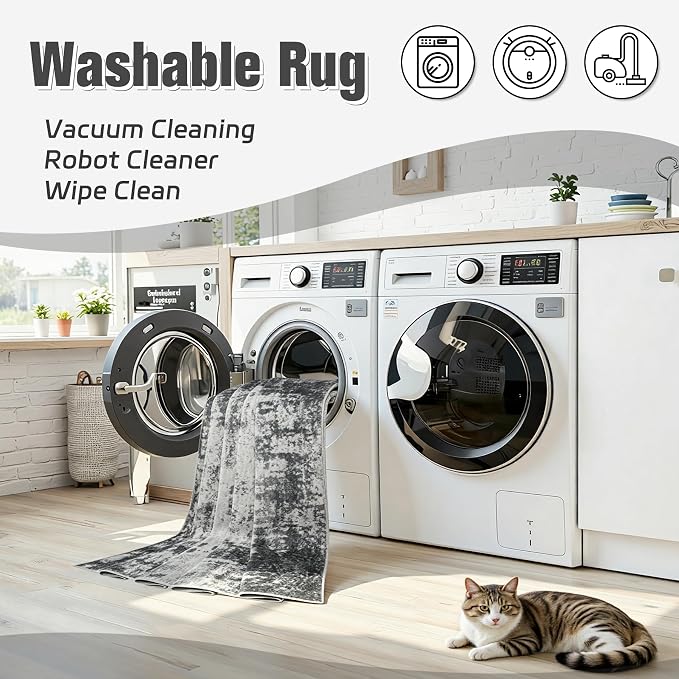 Area Rug 10x14 Living Room Rug Washable: No-Slip Abstract Soft Thin Large Gray - Image 2