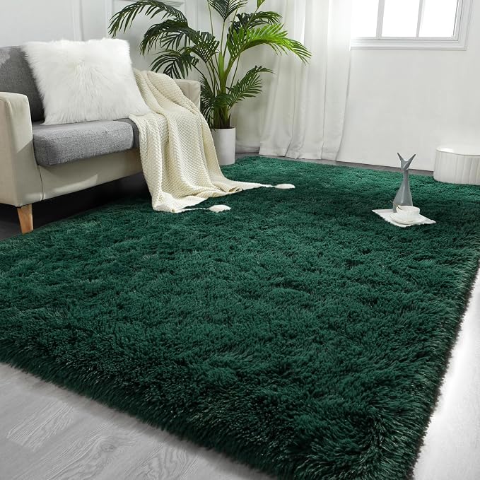 FlyDOIT Large Area Rugs for Living Room, 4x6 Feet Deep-Green Shaggy Rug Fluffy by FlyDOIT
