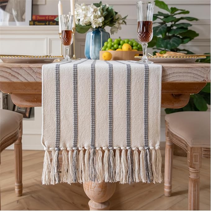 Caflife Boho Table Runner 108 Inchs Long Brown and Beige, Cotton and Linen Woven by Caflife