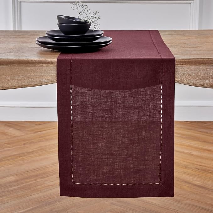 Solino Home 100% Pure Linen Table Runner Burgundy Hemstitch, 14 x 108 in | by SolinoHome