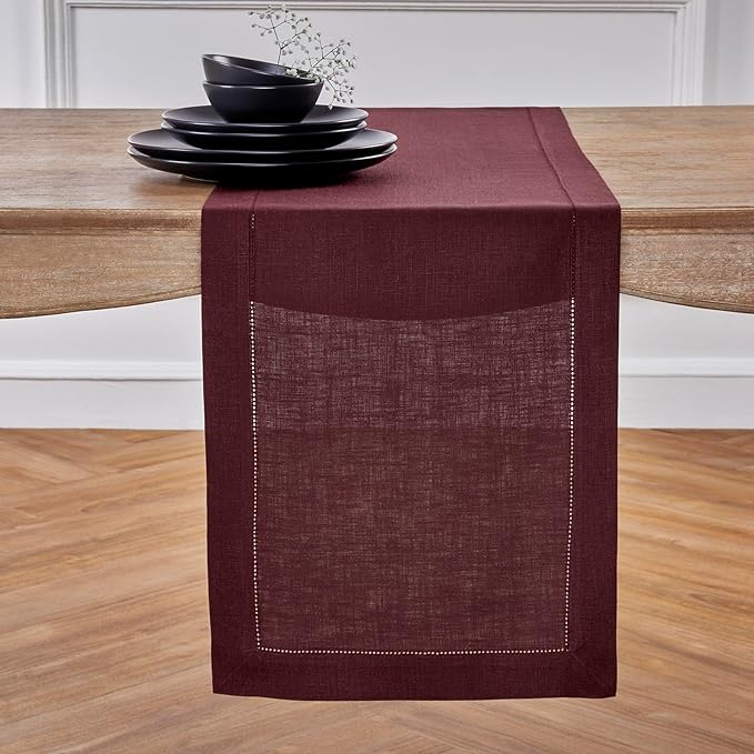 Solino Home 100% Pure Linen Table Runner Burgundy Hemstitch, 14 x 132 in | by SolinoHome