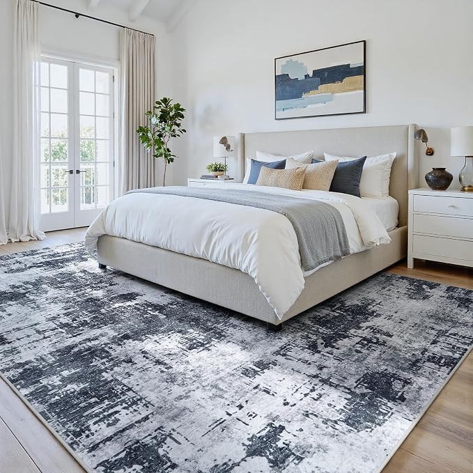 5x8 Area Rugs for Living Room Washable: Abstract Soft Thin Low Pile Black Rug - Image 7