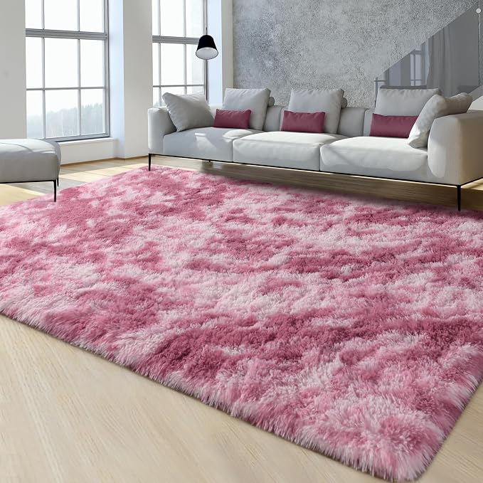 FlyDOIT Large Area Rugs for Living Room, 5x8 Feet Tie-Dyed Blush Shaggy Rug - Image 2