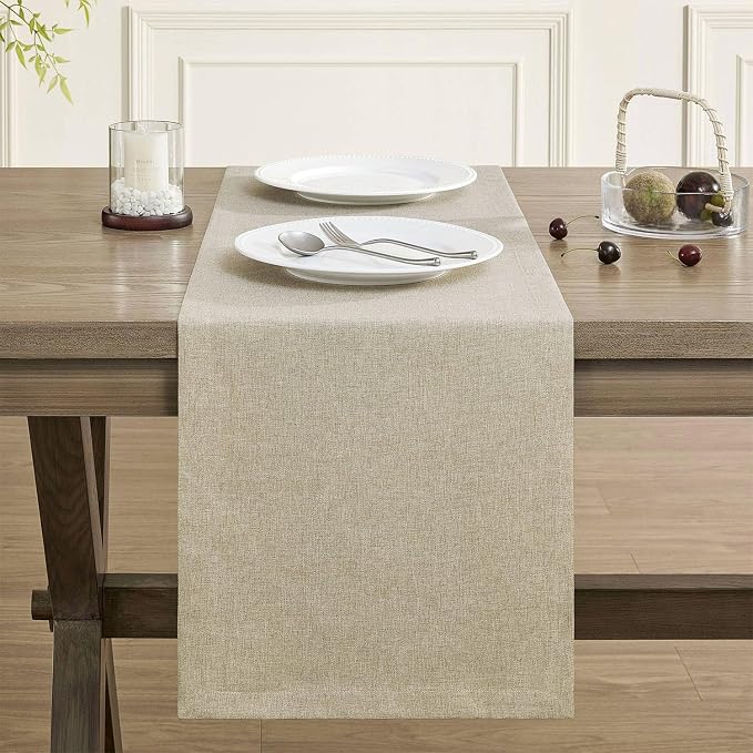 Basic Linen Style Table Runner, 14x108 Inch Natural | Mitered Corner Design - Image 2