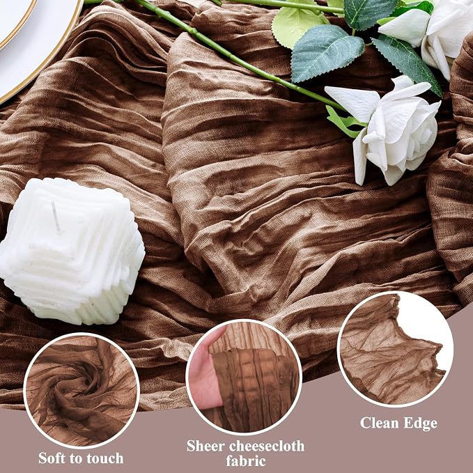 Cheesecloth Table Runner 10FT 4Pcs Brown Boho Gauze Rustic Sheer Runners | - Image 3
