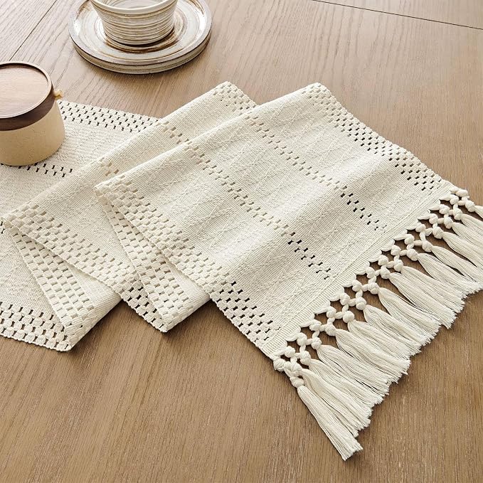 Macrame Style Boho Table Runner, 12x90 Inch Ivory | Woven Boho Table Runner - Image 7