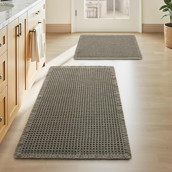 Upgraded Waffle Bath Mat Set of 2, Super Absorbent Non Slip Bath Mats by AMOAMI