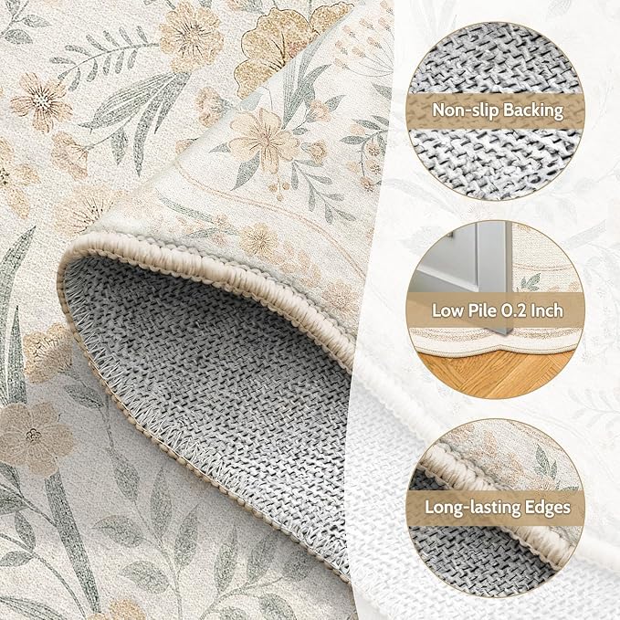Scalloped Floral Rug 5x7, Neutral Beige Washable Non Slip Area Rug - Image 5