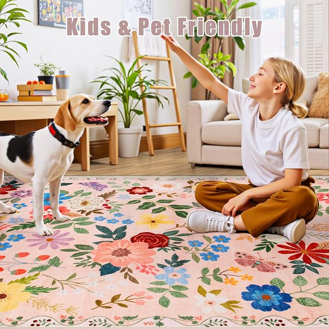 Area Rug Living Room Rugs: Floral 5x7 Washable Rug Vintage Soft Boho Non-Slip - Image 8