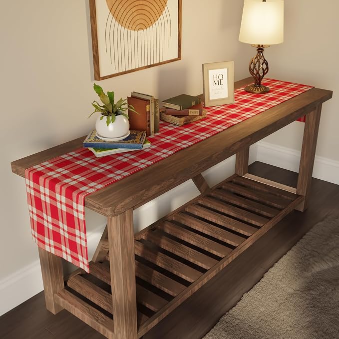 Encasa XO Table Runner, Woven Cotton Dining Runner 13"x59" | Franca Red Checks - Image 3