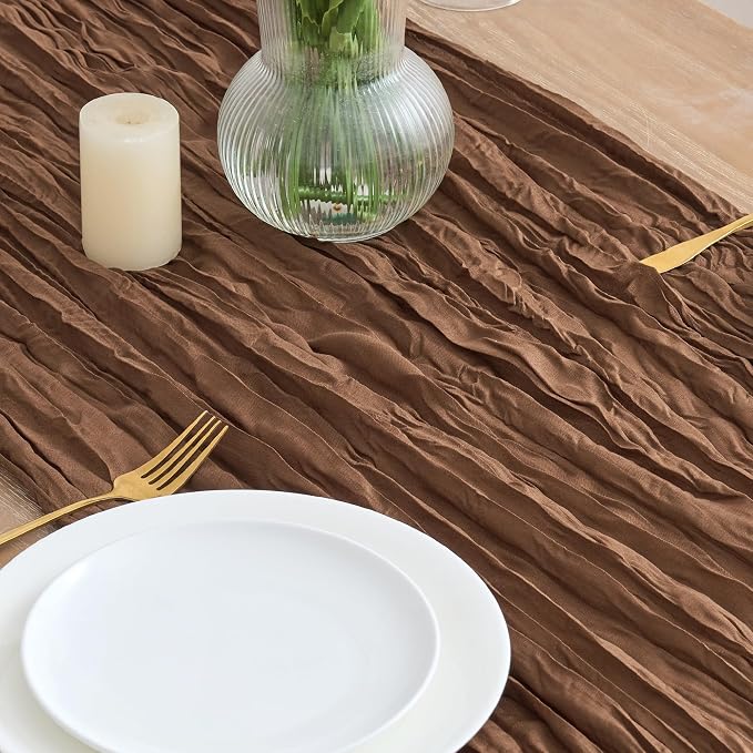 Asee'm 2pcs Brown Coffee Cheesecloth Table Runner 10FT Boho Rustic Fall | Sheer - Image 3