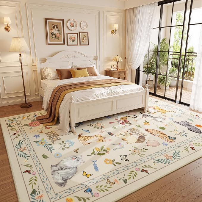 Unirea 9x12 Beige Cat Area Rug for Living Room, Large Soft Washable Kids Rug - Image 3