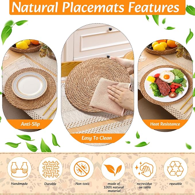 4 Sets Boho Decoration Placemats Round Woven Placemats, Cloth Napkins, Wood - Image 5