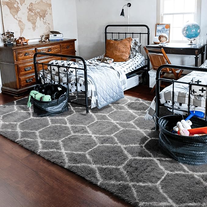 ONASAR 5x7 Area Rugs for Living Room Bedroom, Fluffy Grey and White Faux Fur - Image 9