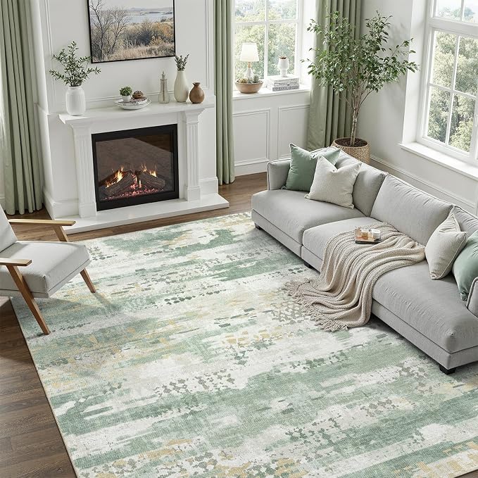 DCX Abstract Area Rug 6x9, Washable Sage Green Modern Rug by DCXWashableRug