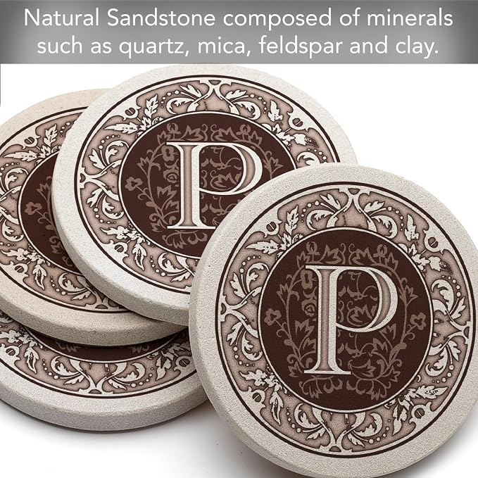 Thirstystone Monogram Round Natural Sandstone Coaster 4 Pack | 4" Diameter - Image 6